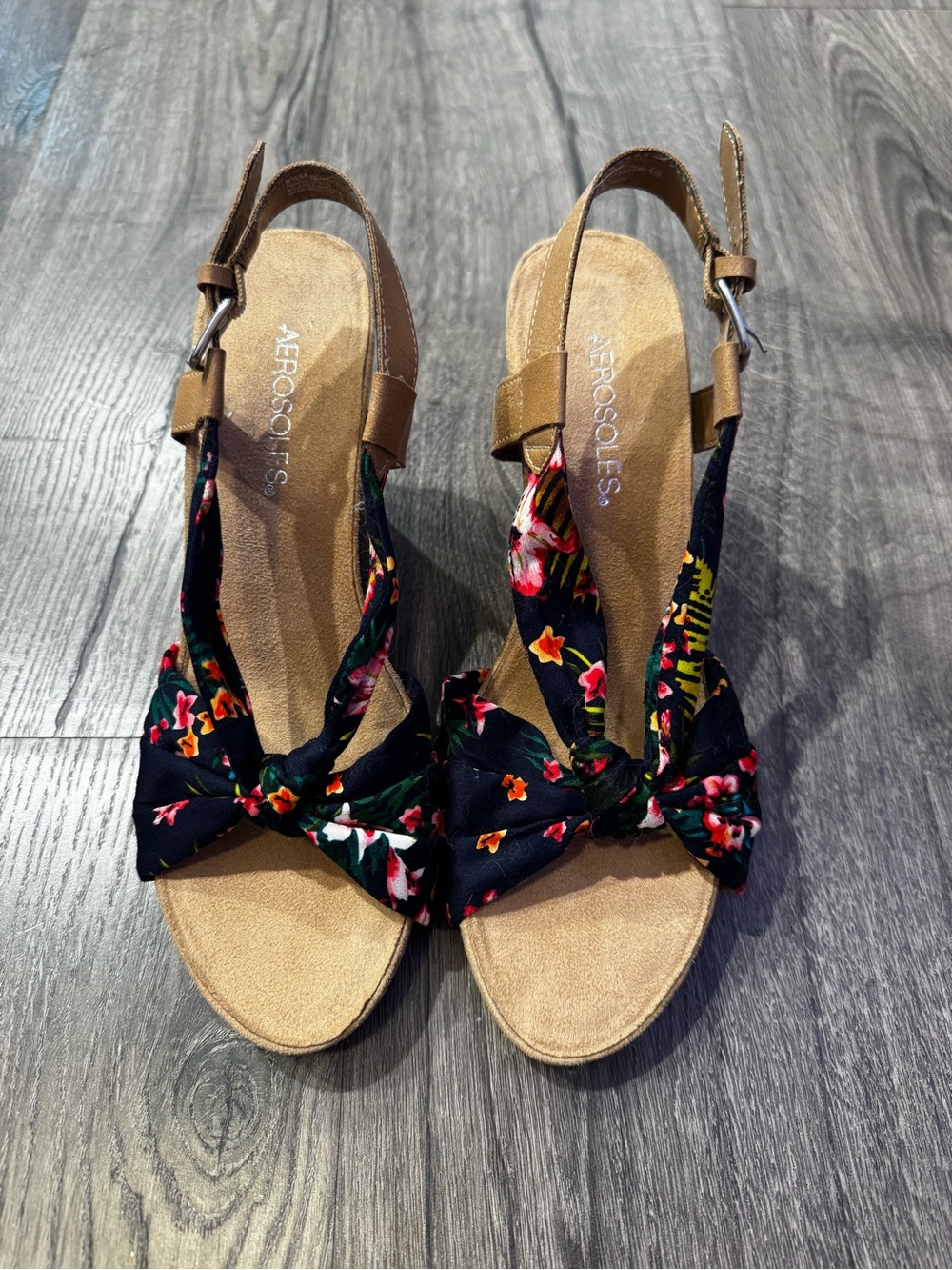Aerosoles plush pillow navy blue floral Knot Cork Wedge Sandals size 8.5 women